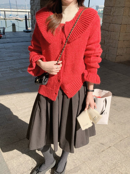 // 大荷葉領+袖開胸毛衣