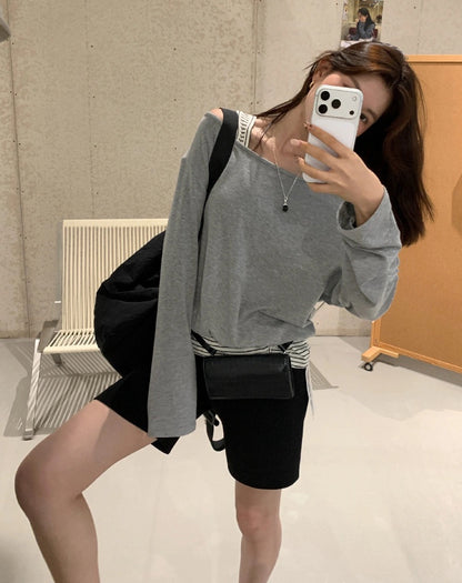 B42 / 拼接間條背心假兩件TEE