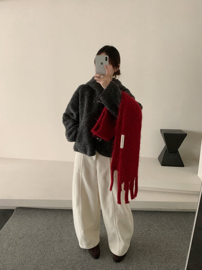 //65%羊毛特別鈕扣羊羔毛連帽外套