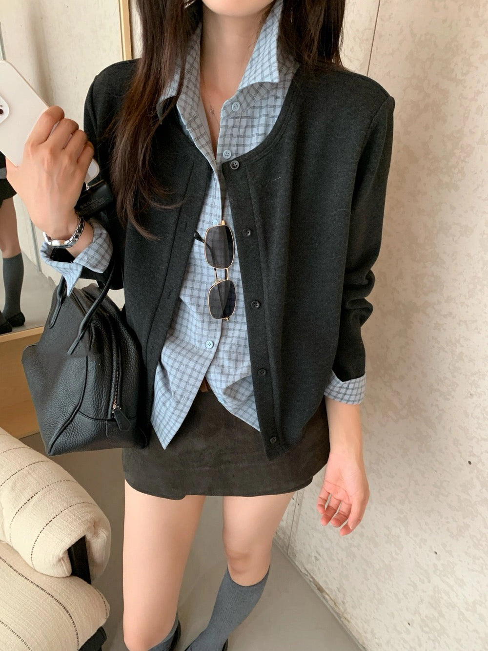 B227 / 假兩件拼接格紋恤衫外套