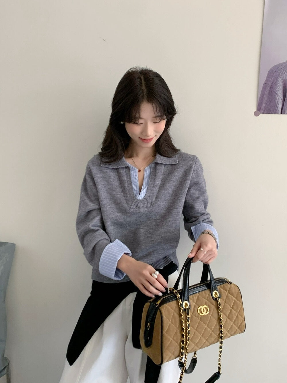 // 設計感拼接恤衫針織上衣