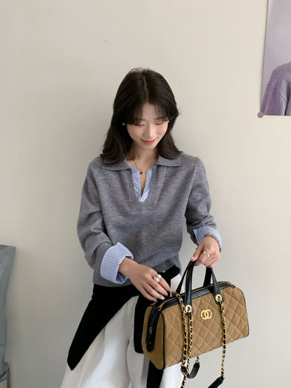 // 設計感拼接恤衫針織上衣