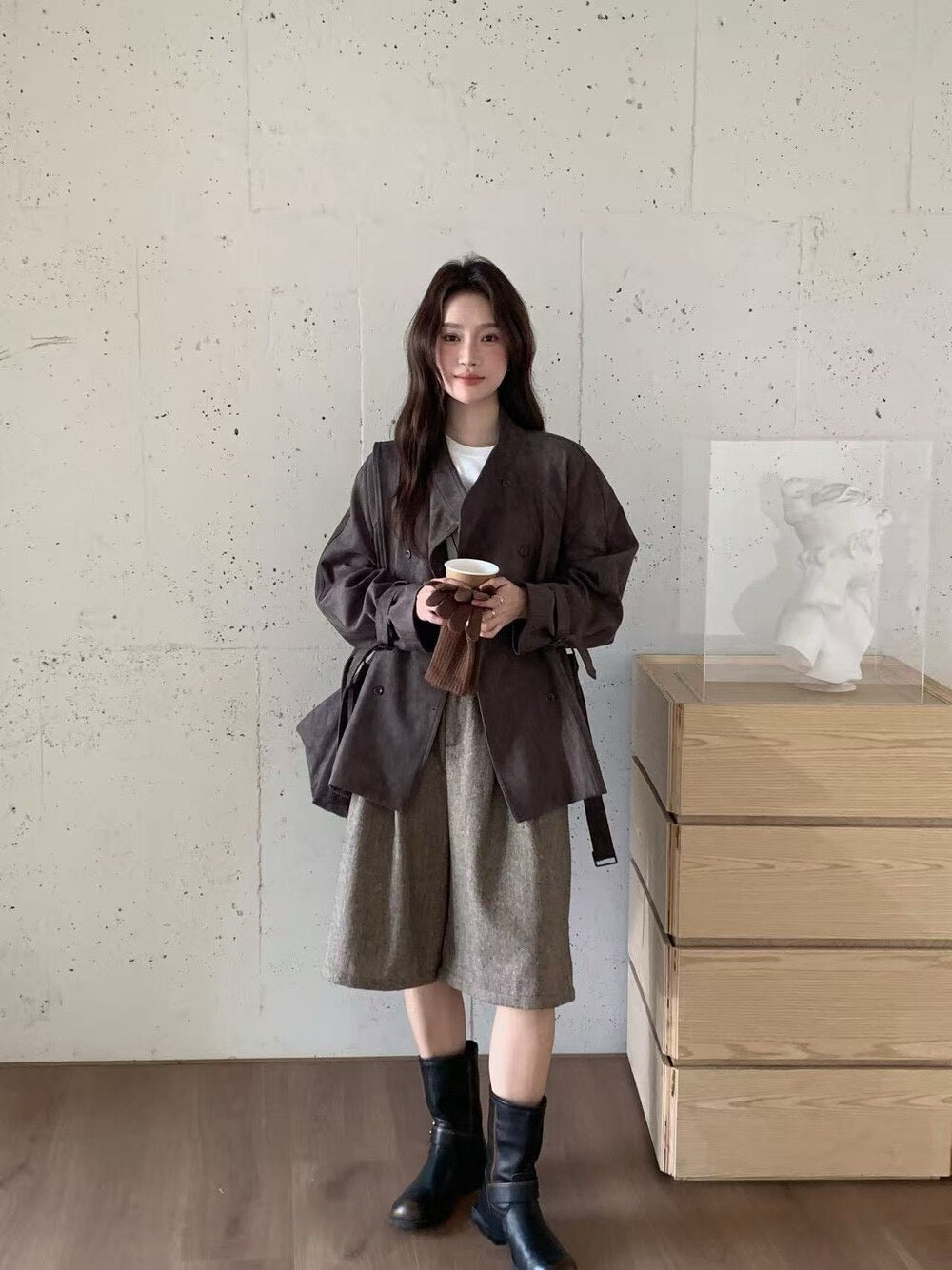 // 小立領雙排扣麂皮絨外套