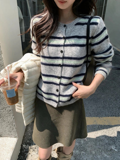 C79 / 軟糯感間條圓領針織外套(7%WOOL)