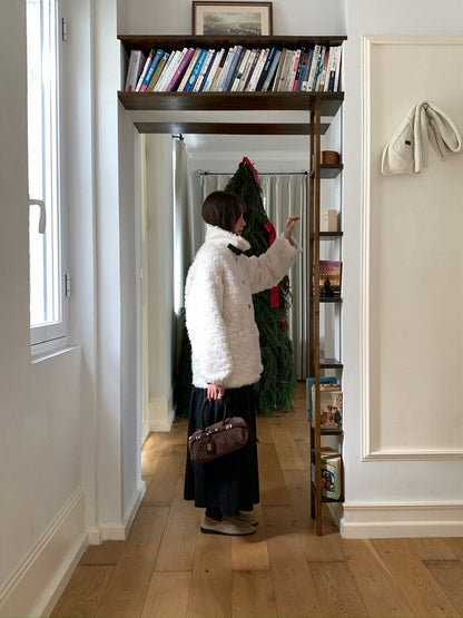 // 皮扣可立領口袋毛毛外套