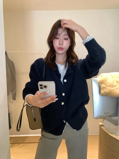 C82 / 撞色假兩件排扣圓領冷外套(8%WOOL)