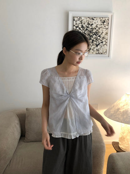 B07 / 細間條內lace邊假兩件麻質BL