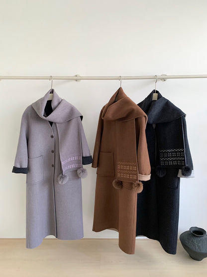 // 70%綿羊毛簡約插肩V領長款手工羊毛外套(連頸巾)