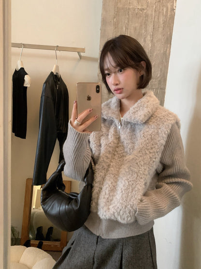 // 設計感毛毛翻領拼接織紋拉鍊外套