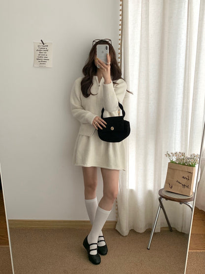 // 性價比超高！圓領拉鍊外套+短裙針織套裝