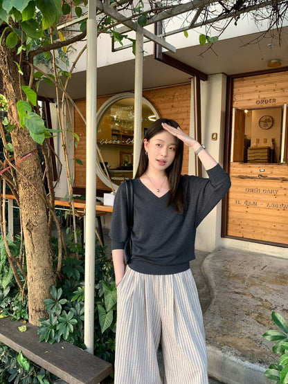 🖊️ 知性風蝙蝠袖麻混紡V領針織上衣