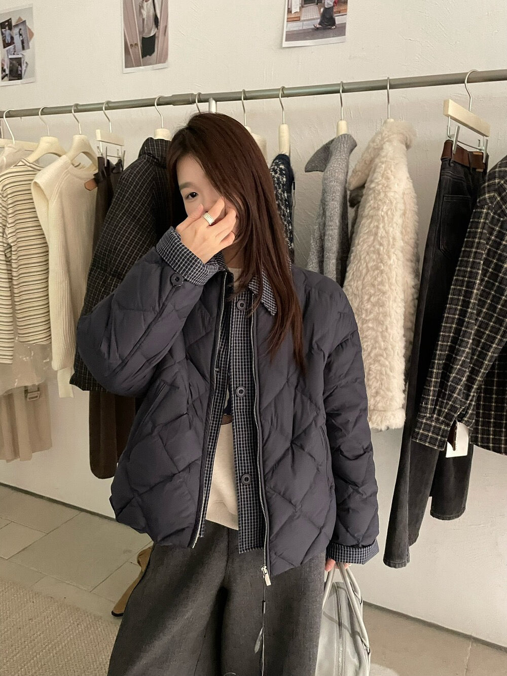 // 特別款菱格90%duck down拼接假兩件外套