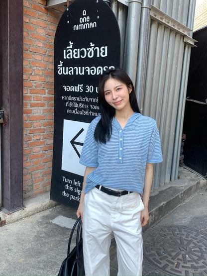 🧸 麻質混紋連帽間條針織上衣