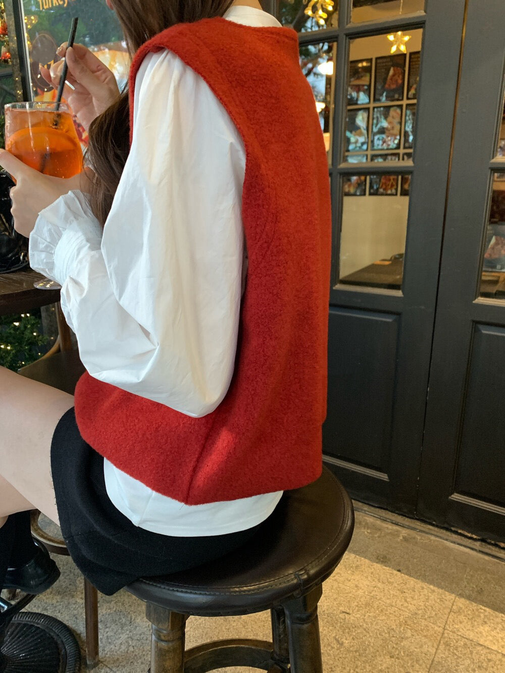 // 簡約鈕扣針織馬甲+花邊袖長袖上衣套裝