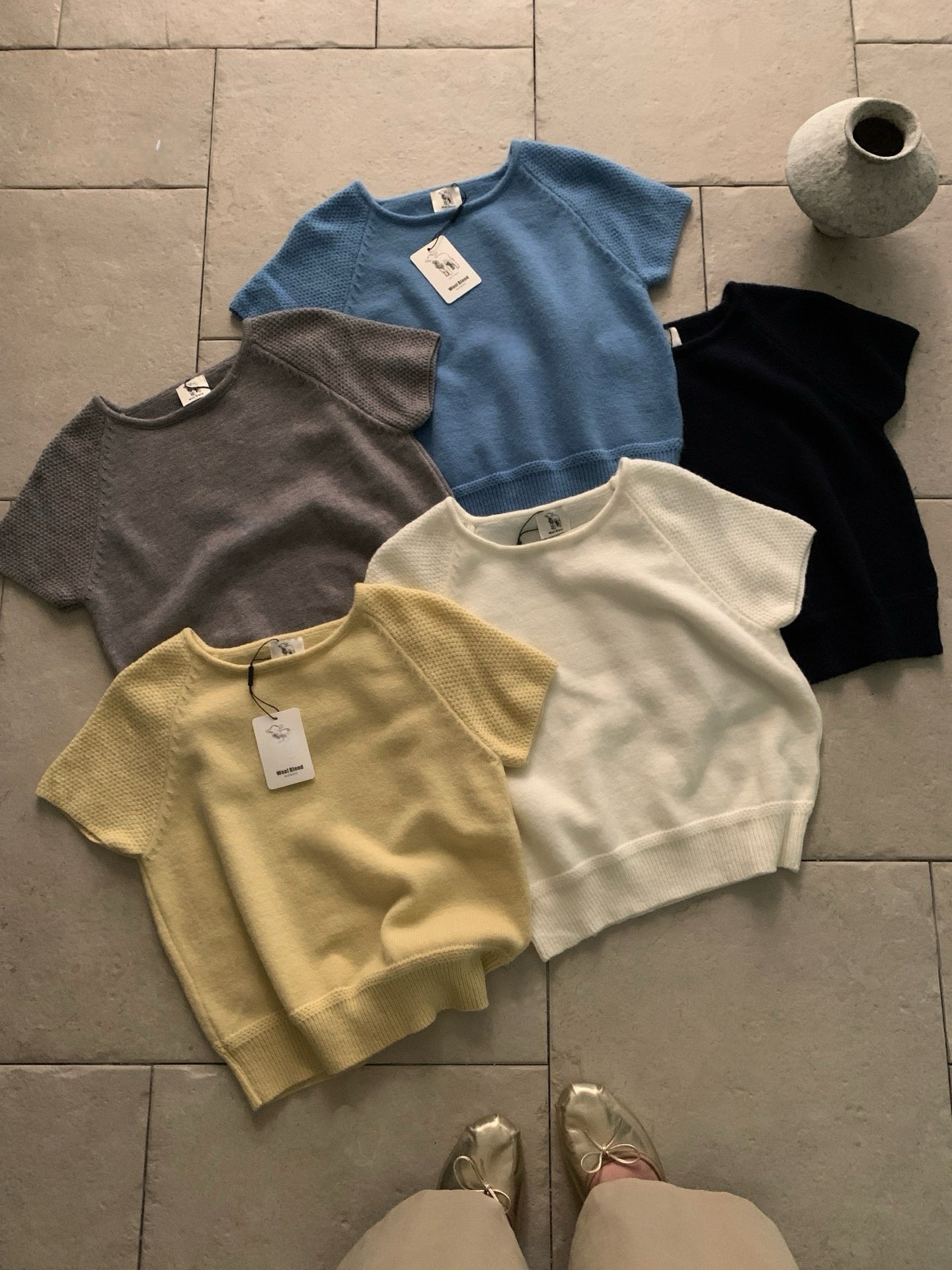 // 拼袖織紋落肩短袖NT