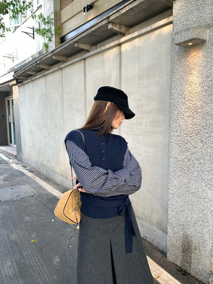 // 設計感假兩件拼格紋恤衫鈕扣高領NT