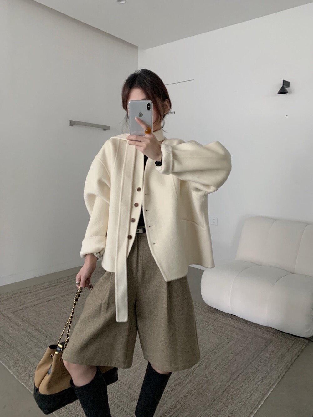 // 100%雙面羊毛handmade小V領連領帶外套