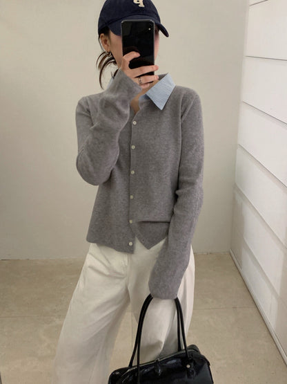 // 拼接間條恤衫領假兩件針織上衣