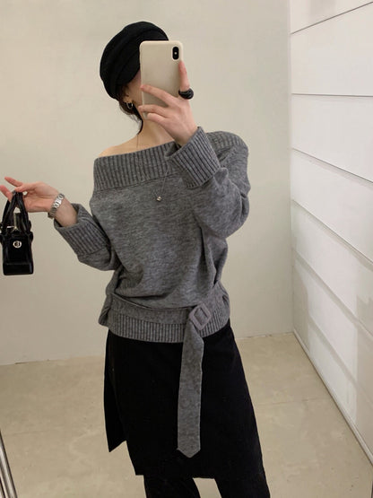 // 一字肩斜肩連腰帶NT