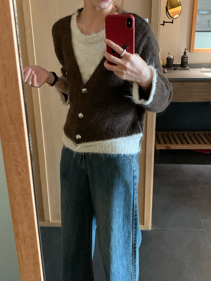 // 10%wool質感不規則鈕扣假兩件毛衣