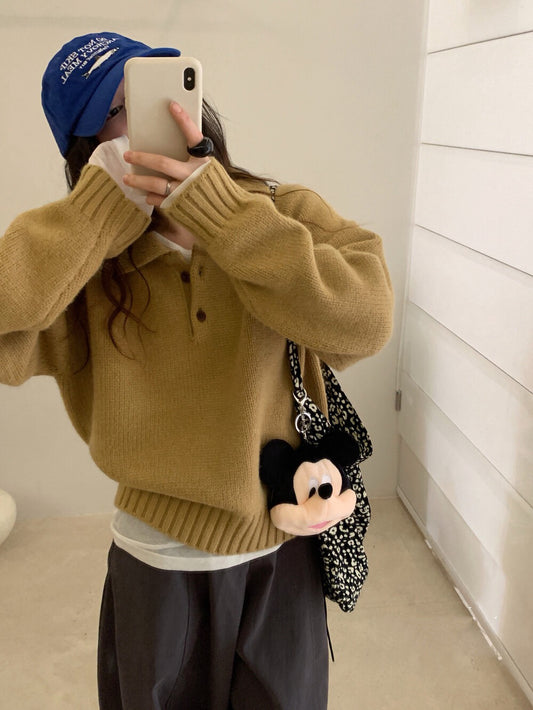 // 超韓領鈕扣粗坑紋翻領毛衣