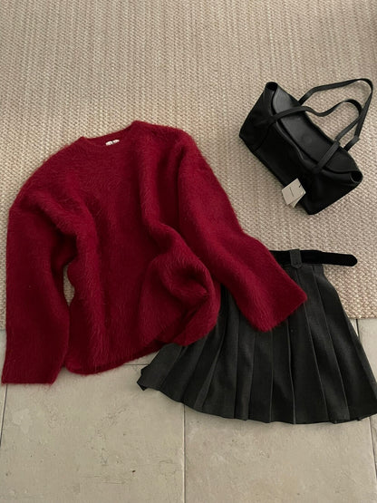 // 軟糯質感拉絨圓領寬鬆毛衣