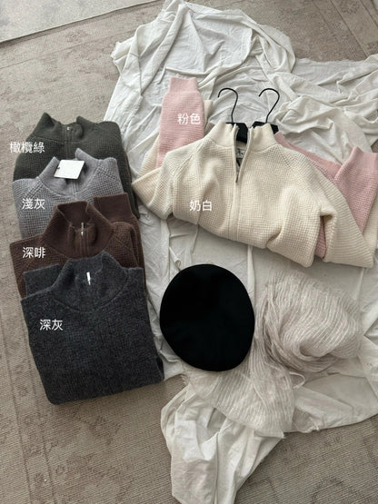 C66 / 肌理感窩夫格上下雙拉鍊可立領針織外套