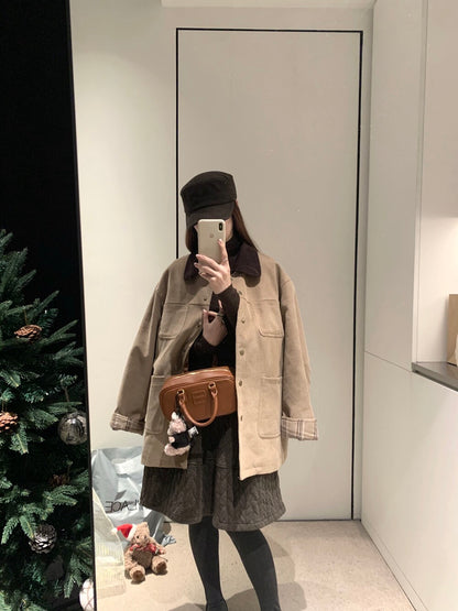 // 復古感拼色領內格紋燈芯絨外套