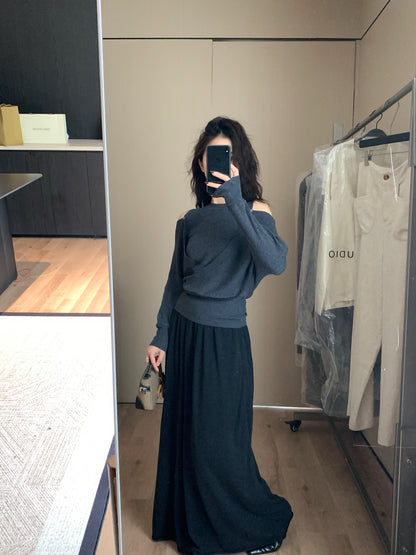 // 設計感交叉露肩針織上衣