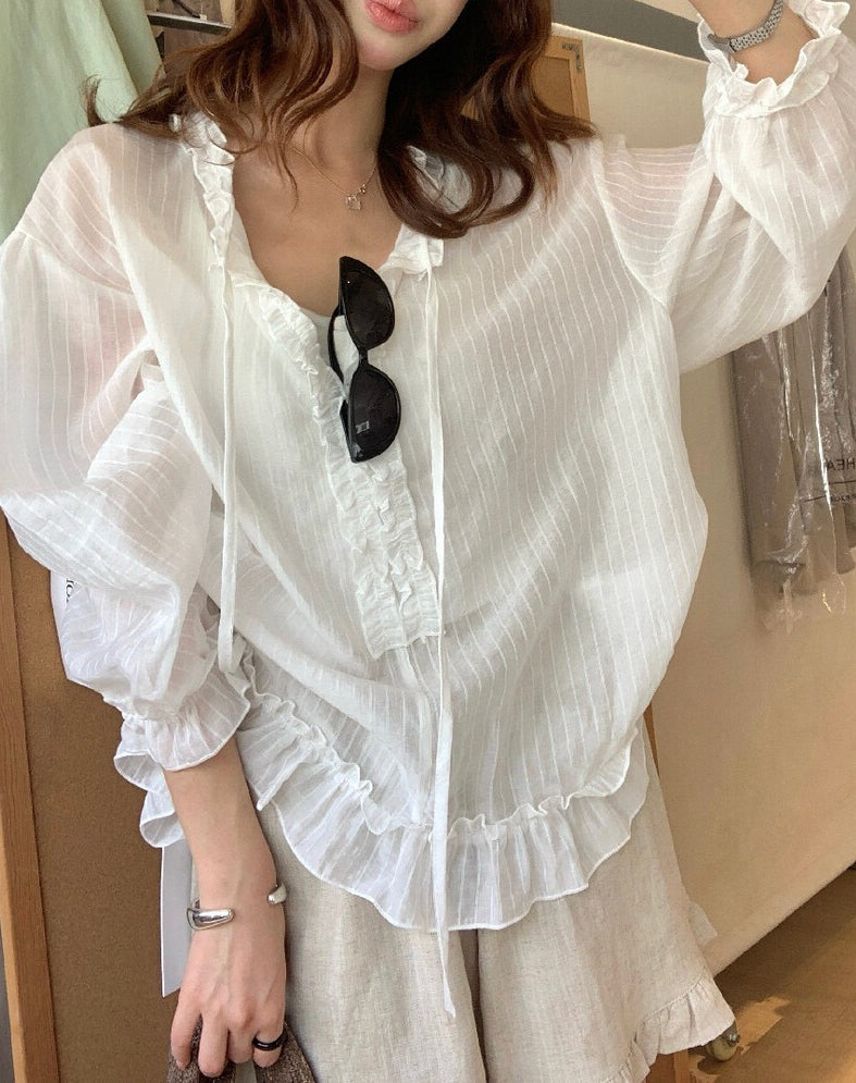 // 暗紋天絲花邊綁帶防曬BL