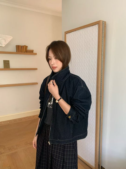 (現貨) // 簡約cutting翻領拉鍊牛仔外套