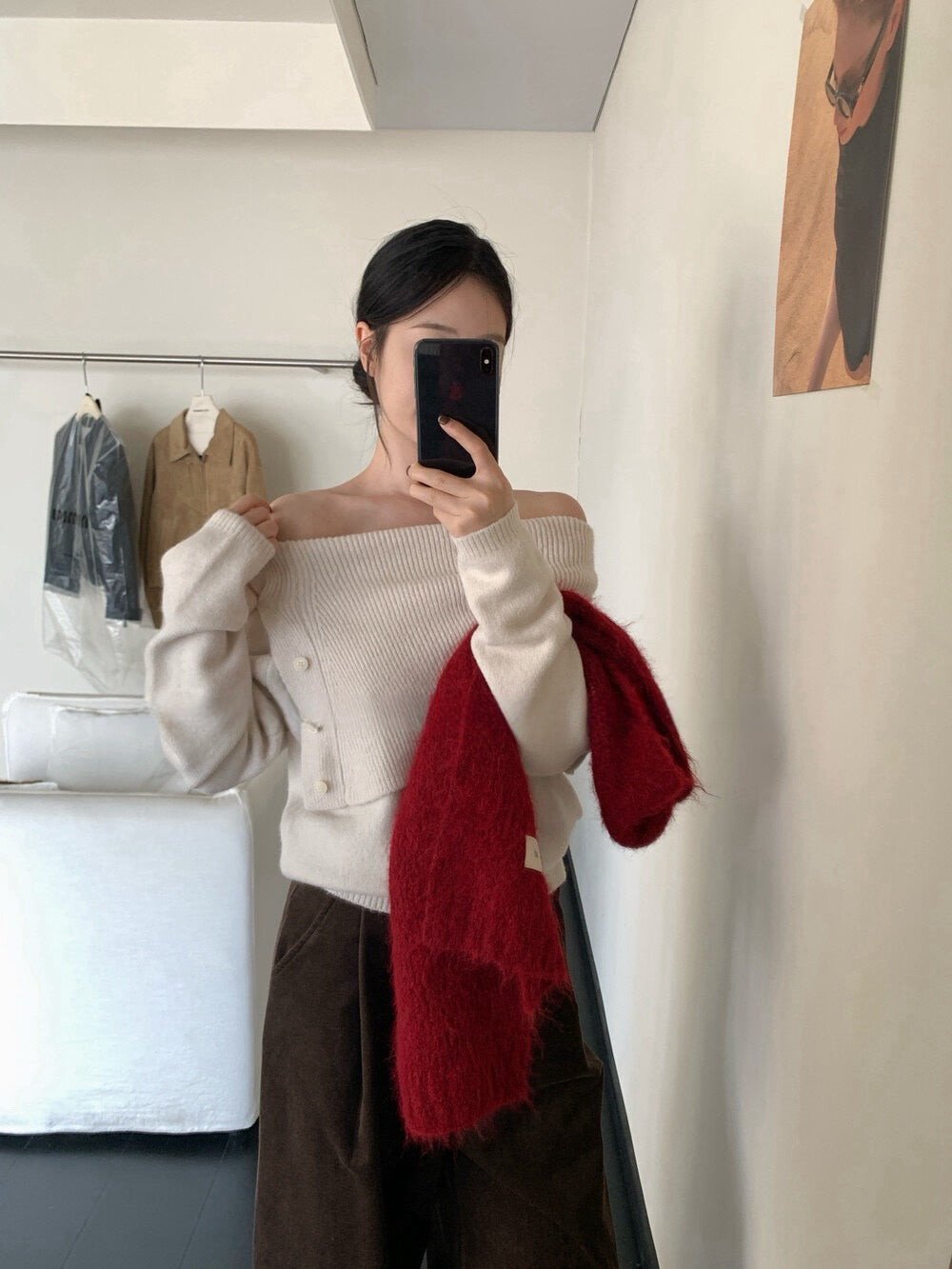 // 設計感側鈕扣雙層領一字領NT