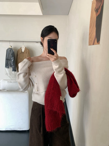 // 設計感側鈕扣雙層領一字領NT