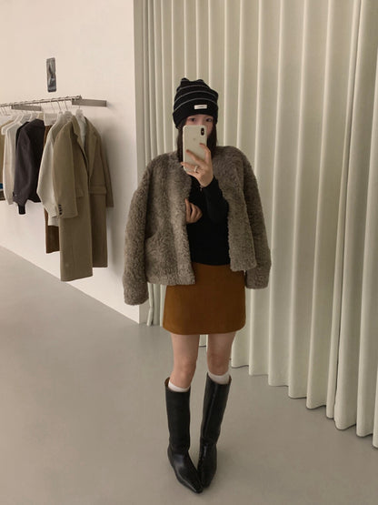 // 高級感口袋質感毛毛外套
