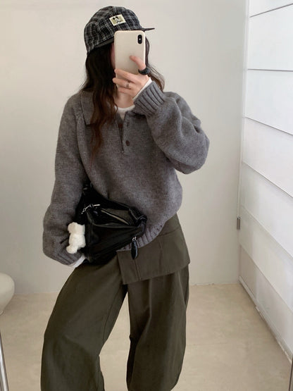 // 超韓領鈕扣粗坑紋翻領毛衣