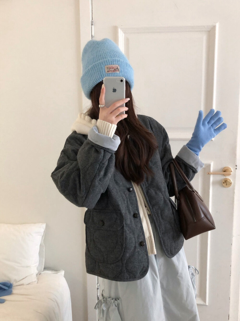 // 30%羊毛袖口拼接燈芯絨菱格夾棉外套