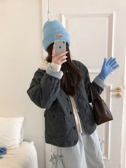 // 30%羊毛袖口拼接燈芯絨菱格夾棉外套