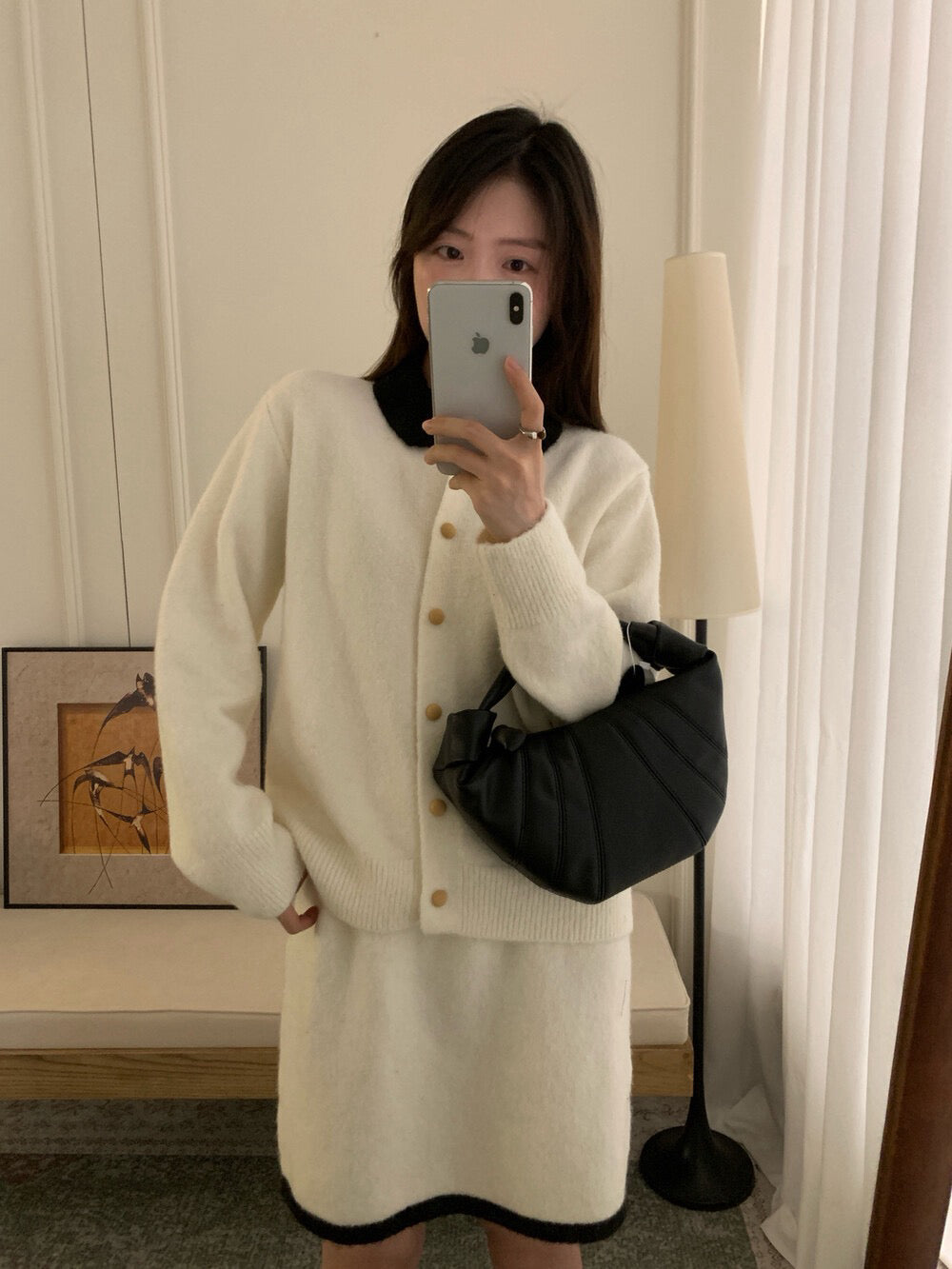 // 撞色領特別鈕扣開胸上衣+裙子套裝