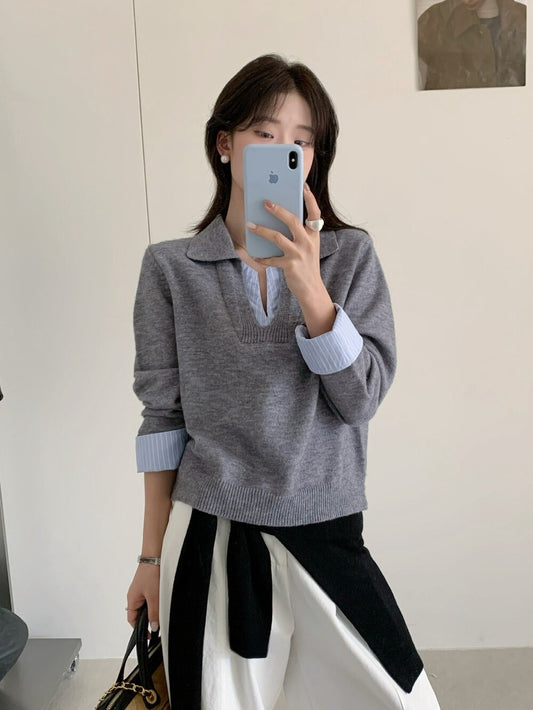 // 設計感拼接恤衫針織上衣