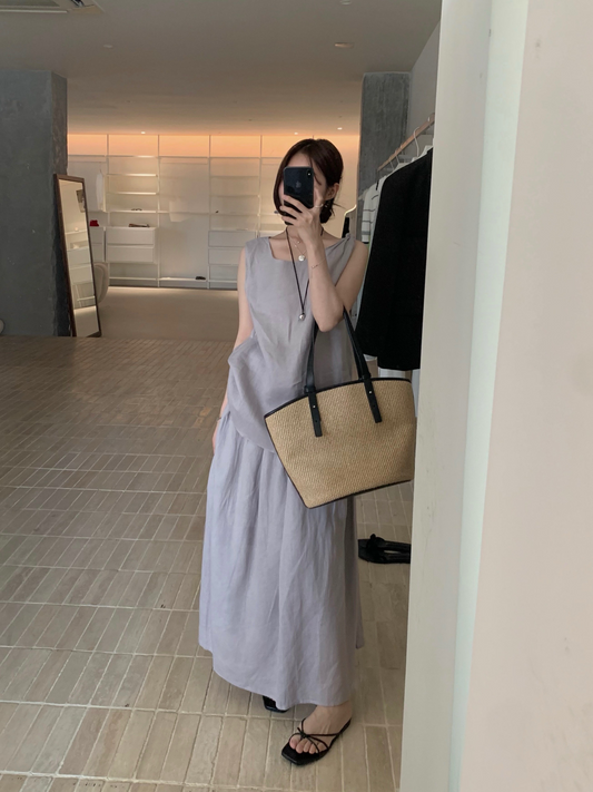 // 100%麻質單扭結背心+裙套裝