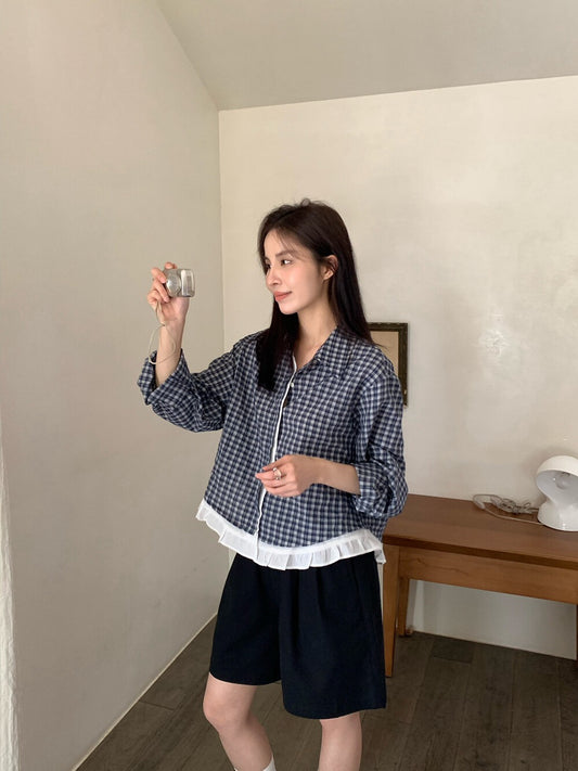 // 拼接花邊腳翻領格仔恤衫