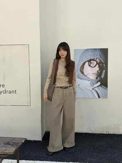 // 雙口袋裝飾加絨卷邊褲(連腰帶)