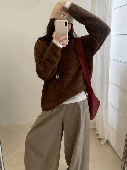 // 5%兔毛混針花線圓領卷邊毛衣