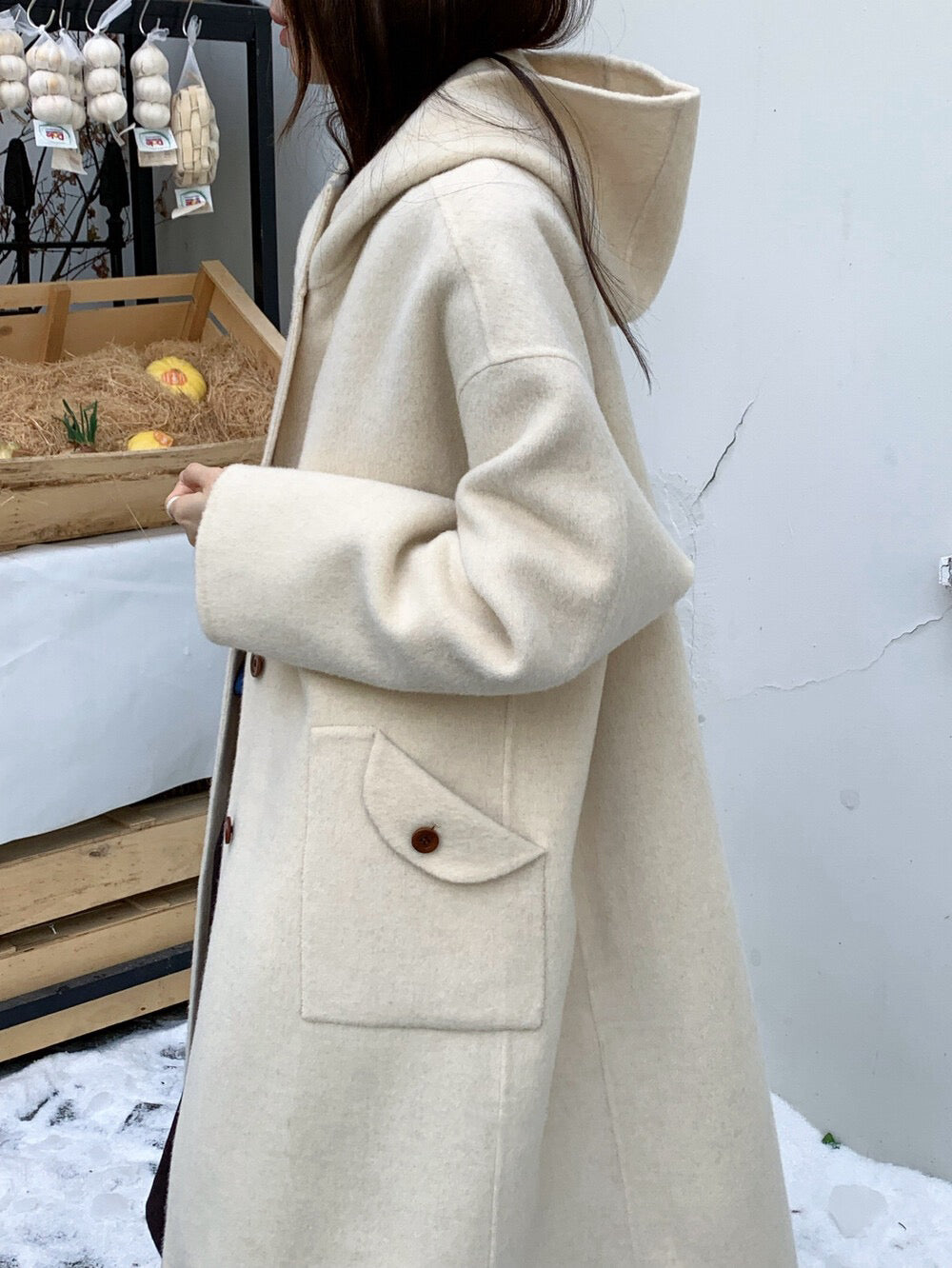 // 80%wool+20%alpaca連帽可愛口袋手工羊毛外套