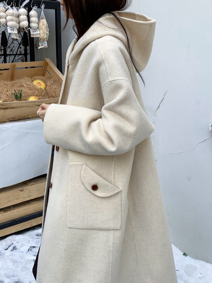 // 80%wool+20%alpaca連帽可愛口袋手工羊毛外套