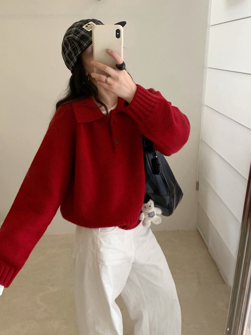 // 超韓領鈕扣粗坑紋翻領毛衣