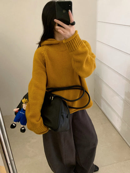 // 粗織紋領位連帽卷卷邊毛衣