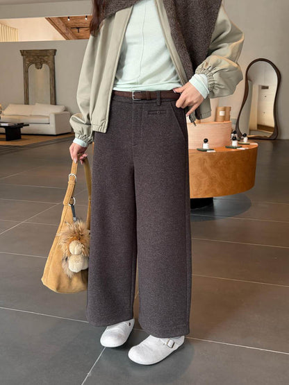 // 小口袋裝飾加絨直腳混羊毛呢褲(連腰帶)