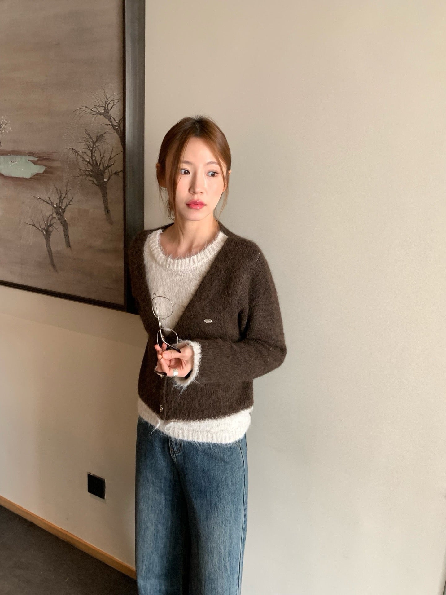 // 10%wool質感不規則鈕扣假兩件毛衣