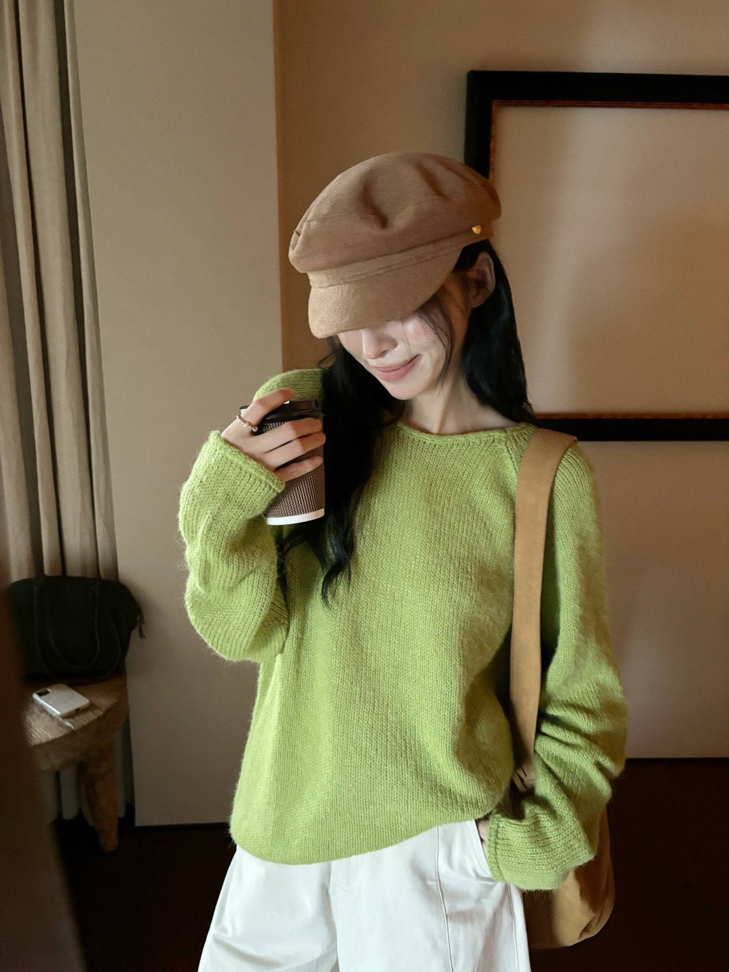 // 超美色系慵懶落肩針織上衣